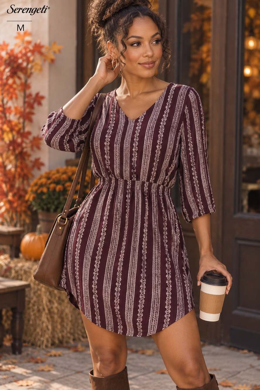 Serengeti Burgundy Boho Striped Tunic Dress Women’s Med 100% Rayon Fall Autumn
